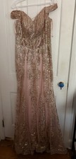 Women  s Pink/Gold Beaded Sequin V-Neck Long Gown Dress M Lined Lace-Up.