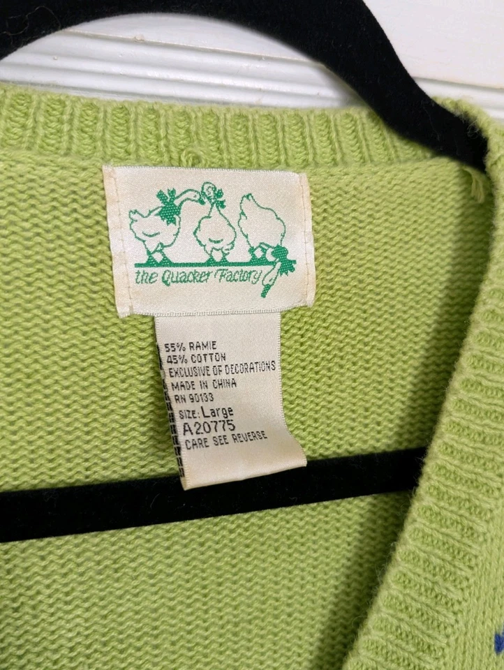 VTG Quacker Factory Lime Green Dragonfly Bee Floral Cardigan Sweater Women’s L - Image 4 of 4