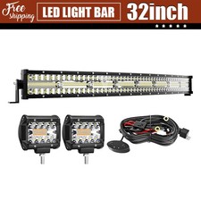 32" Curved LED Light Bar 2x 4" Cube Pods 6 Modes Strobe with Wiring Harness
