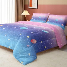Kids Comforter Set Girls Pink Blue Space Printed Pattern Quilt Bedding Set wi...