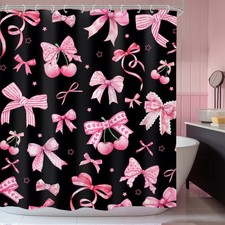Pink Black Bow Shower Curtain 60x72 inch Cherry Girly Preppy with Hooks