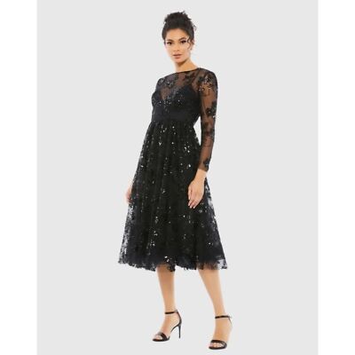 knee length dresses for ladies Black Burnout Velvet Long Sleeve Midi Dress main image 0