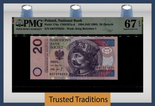 TT PK 174c 1994 POLAND NATIONAL BANK 20 ZLOTYCH PMG 67 EPQ SUPERB GEM UNC - Afbeelding 1 van 2
