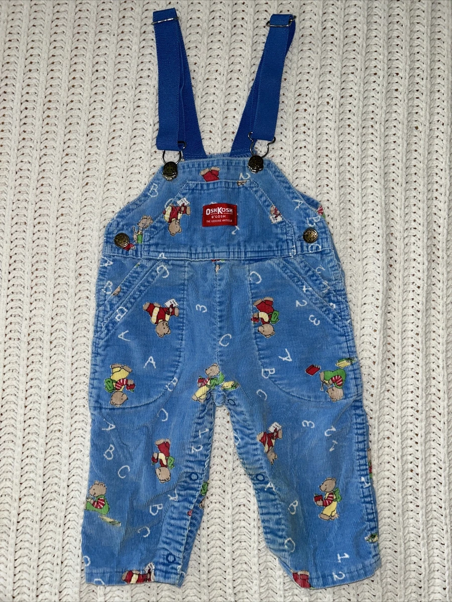 Vintage OshKosh B’gosh Sz 18 M Blue Corduroy Vestbak Overalls School Bears USA