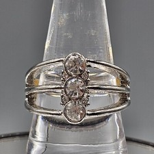 Rhinestone Stretch Ring SIlver Tone 3 Stone Bezel Set Open Work Modernist