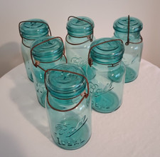 6 BALL IDEAL AQUA QUART FRUIT JARS WITH LID & WIRE BAIL - Nos. 1, 2, 3, 4, 5 & 6