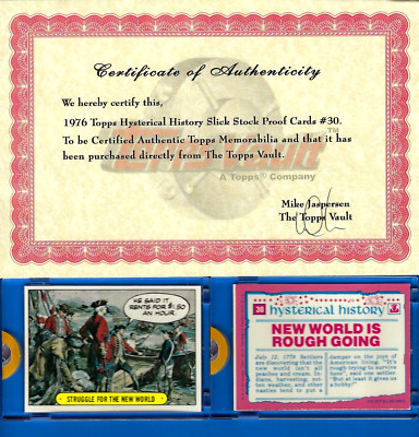 VINTAGE 1976 TOPPS VAULT HYSTERICAL HISTORY PROOF CARDS #30 NEW WORLD... W/COA