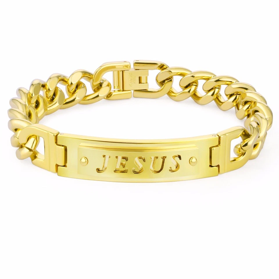 BRACELET GOURMETTE LUXE HOMME ACIER INOXYDABLE PLAQUE OR GRAVURE JESUS B0139HKG