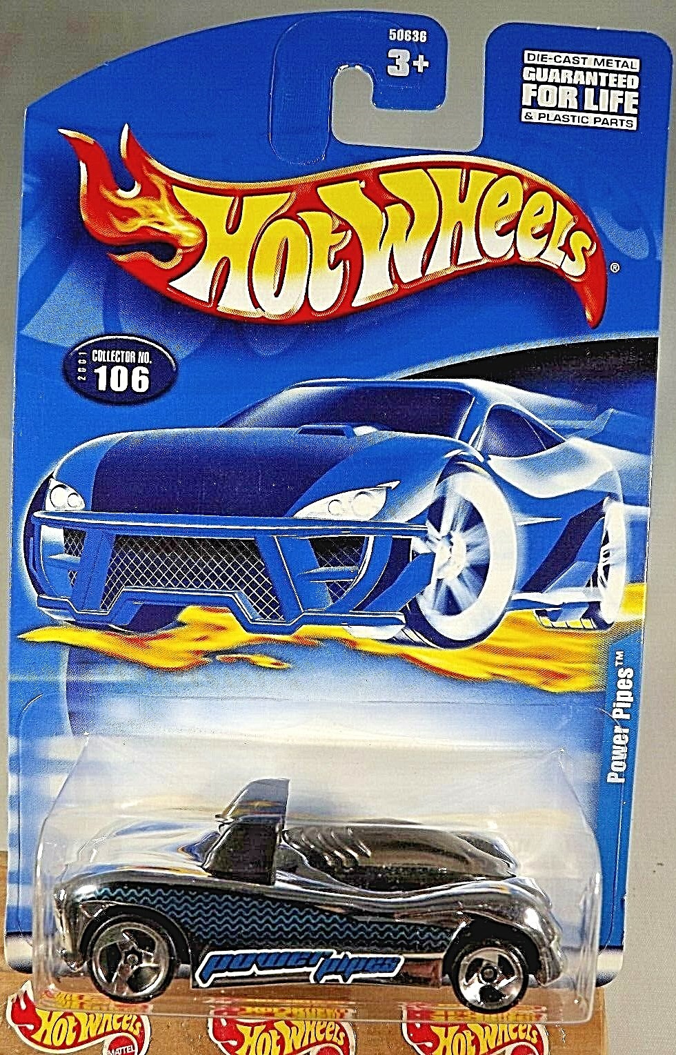 2001 Hot Wheels Mainline/Collector #106 POWER PIPES Chrome/Blue/Black w/3 Spokes