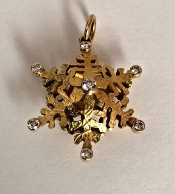 18KT Gold Schneeflocke Anhänger mit 7 Diamanten, 3-D Ösen Design, exquisit, RAR