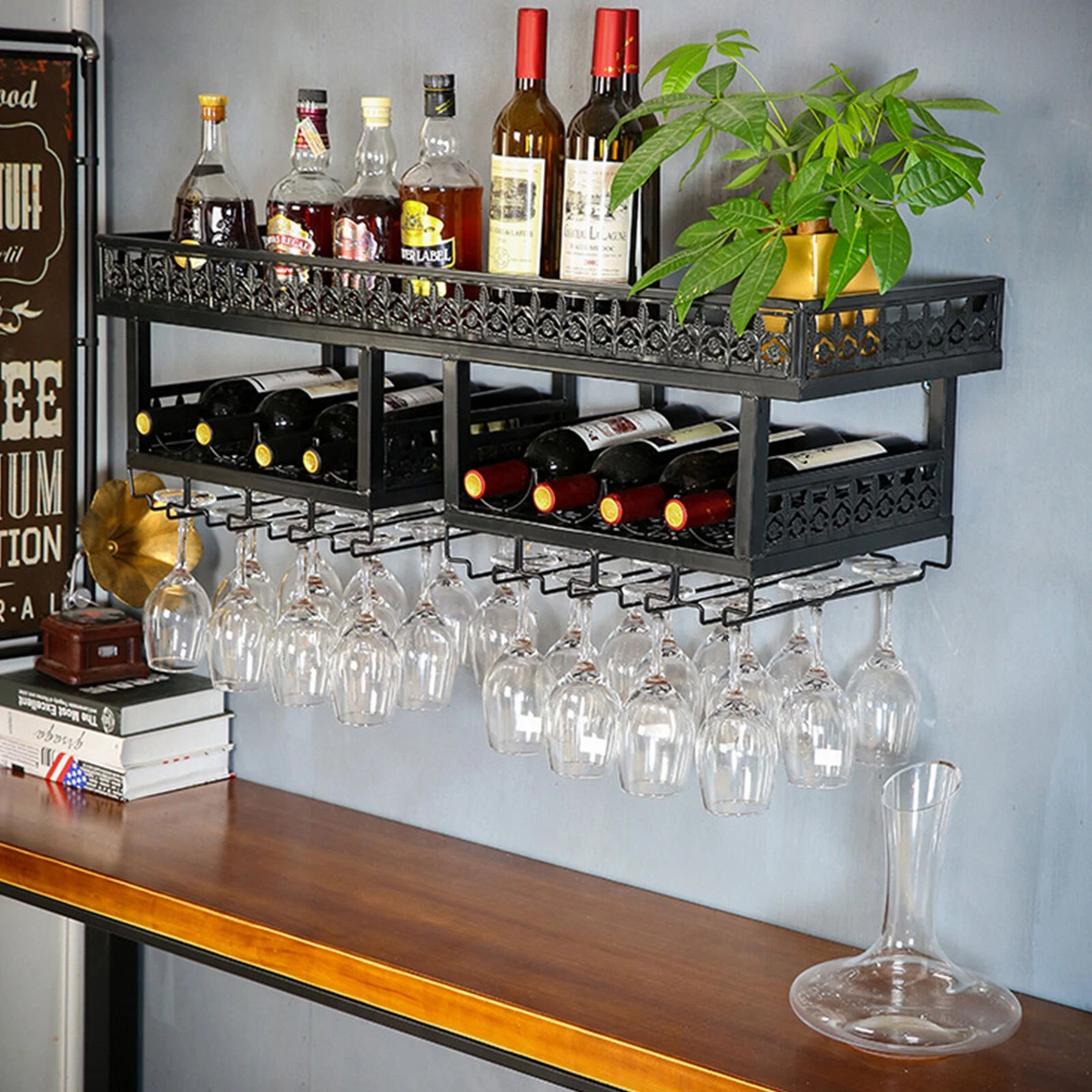 3 Tier Wine Bar Cabinet with 8 Bottles Rack and 12 Glasses Hanger