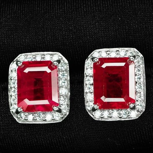 925 Sterling Silver White Gold Earrings Magnificent Pigeon Blood Red Ruby 9Ct