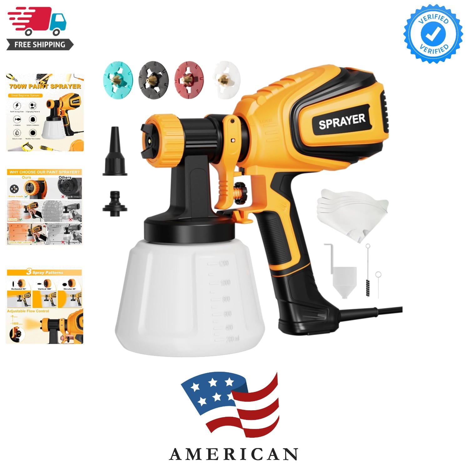 Paint Sprayer, 700W HVLP Spray Gun with Cleaning & Blowing Joints, 4 Nozzles ...