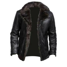 Men’s Real Sheepskin Leather Bomber Jacket Black Aviator Shearling Style Coat