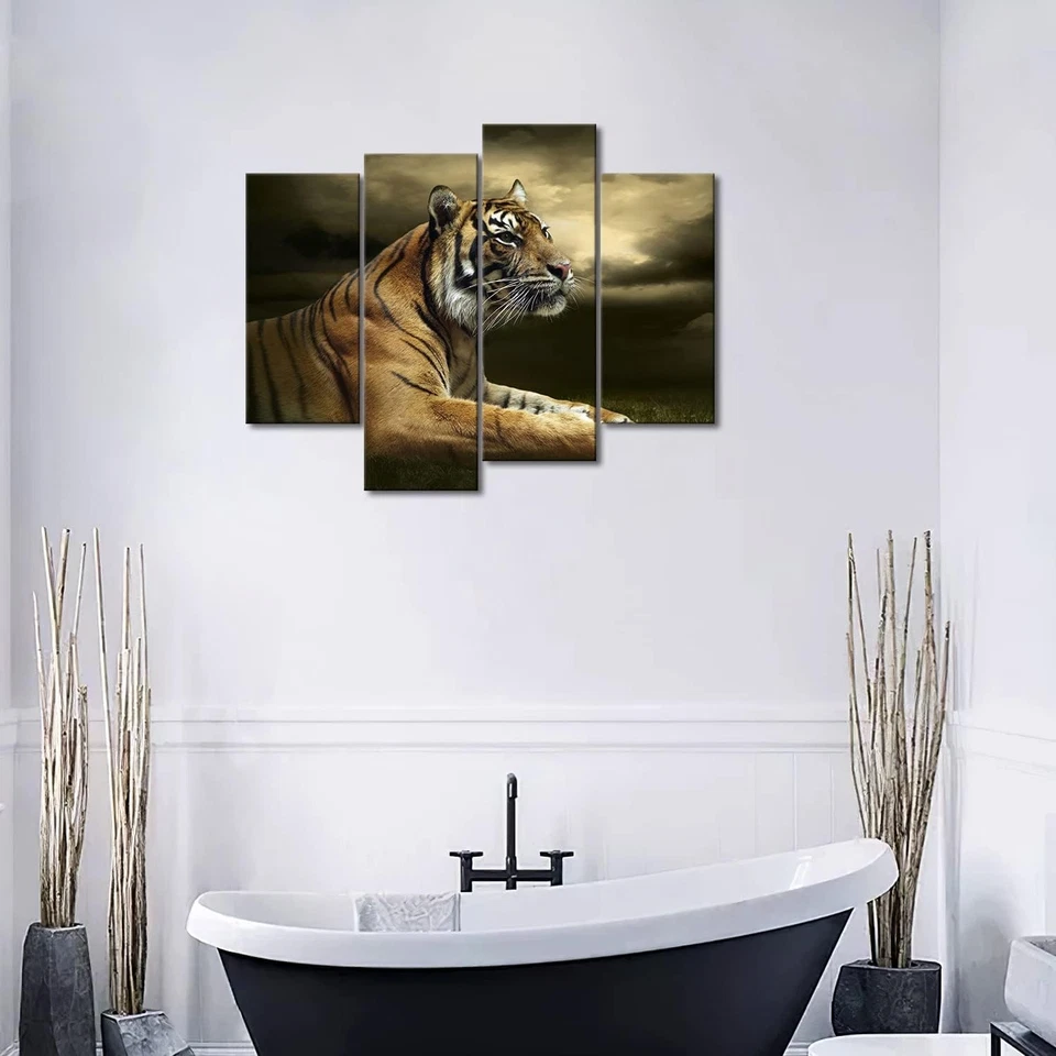 4 Panel Wall Art Tiger Looking and Sitting Under Dramatic Sky with Clouds Pai... - Image 4 of 4