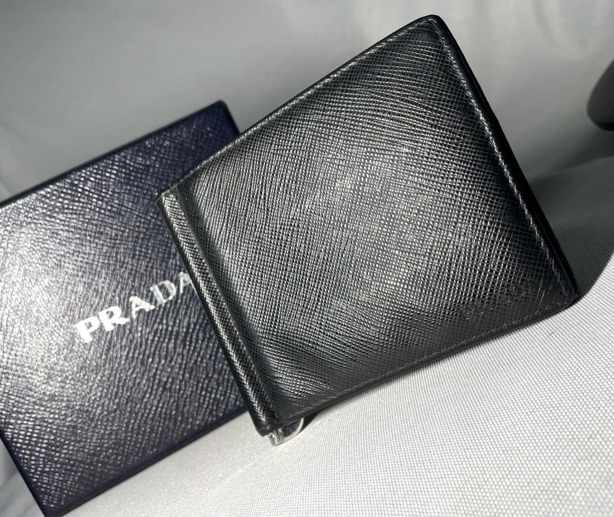PRADA Prada Saffiano Logo Black Leather Money Clip Wallet Card