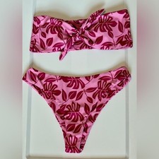 Leaf Print Bikini Set in Pink and Red Sz large