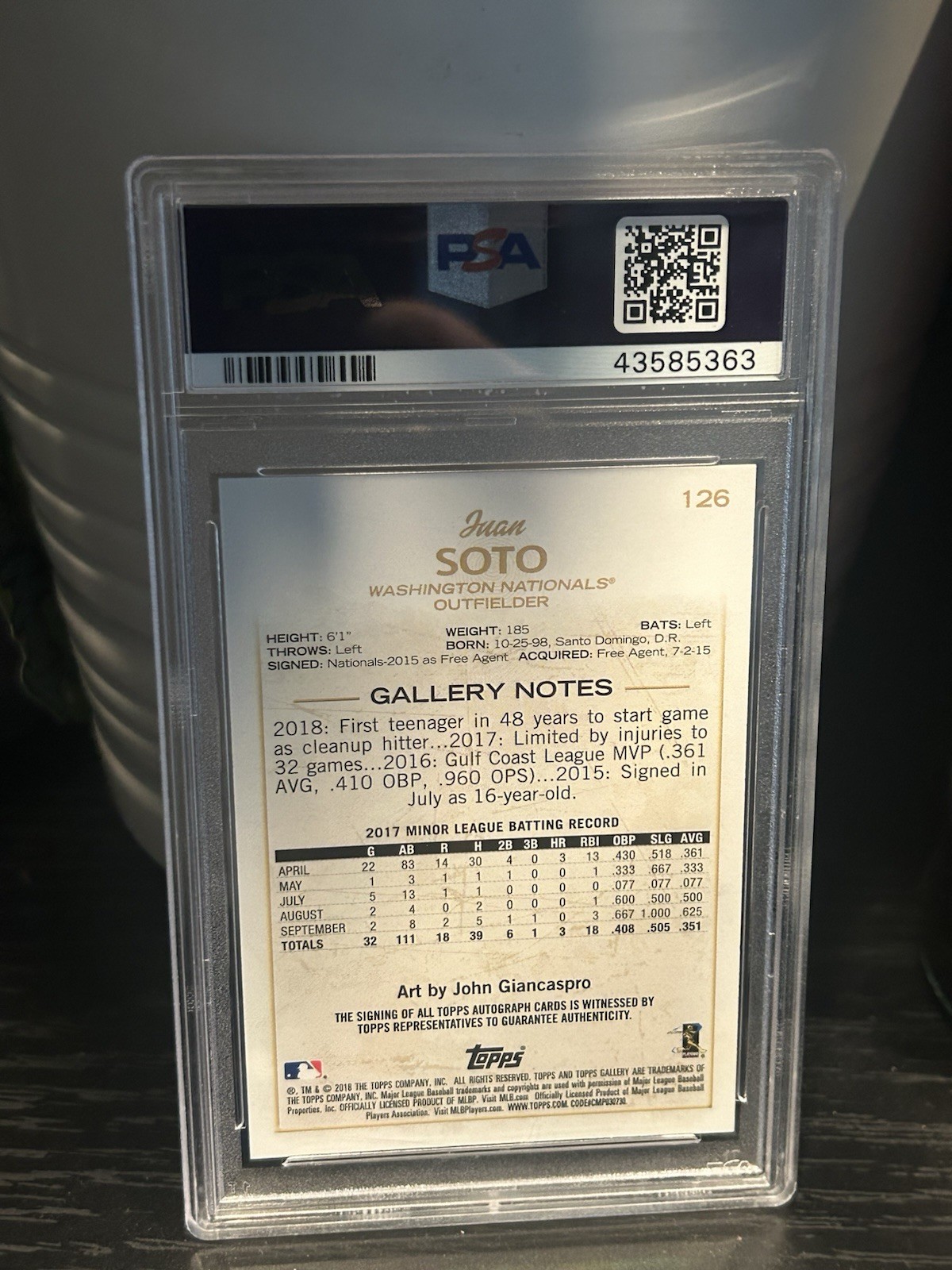 2018 Topps Gallery - Juan Soto #126 Autographs (RC) PSA 10 view 2