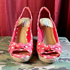 American Eagle Pink White Polka Dot Slingback Platform Wedge Open Toe Bow 8.5W