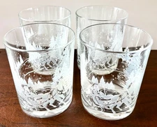4 Vintage 1960s Frosted Christmas Highball Glass Horse Drawn Sleigh Winter Scene