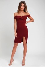 Brand New Lulus Elegant Off-Shoulder Burgundy Dress Size XS