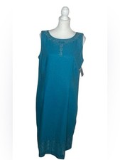 Sag Harbor NWT Sz 12 Teal Sleeveless Embroidered Shift Dress Coastal Grandma