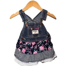 Girls OSHKOSH B'Gosh 6m Denim Tiered Ruffle Skirted Overall Dress Floral Eyelet