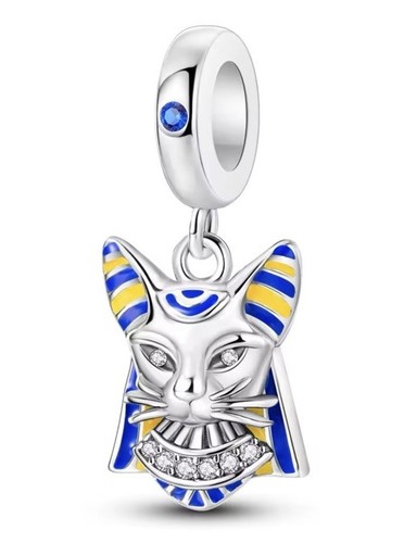 Blue Yellow Ancient Egyptian Cat Charm Brad 925 Silver For Bracelet Pendant Gift - Picture 1 of 6