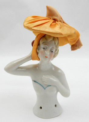 VINTAGE LADY W/ ORANGE HAT PORCELAIN PINCUSHION HALF DOLL #6348, MADE IN GERMANY