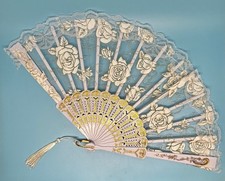 White Lace Folding Hand Fan Gold Glitter Roses Bridal Wedding Decor Costume