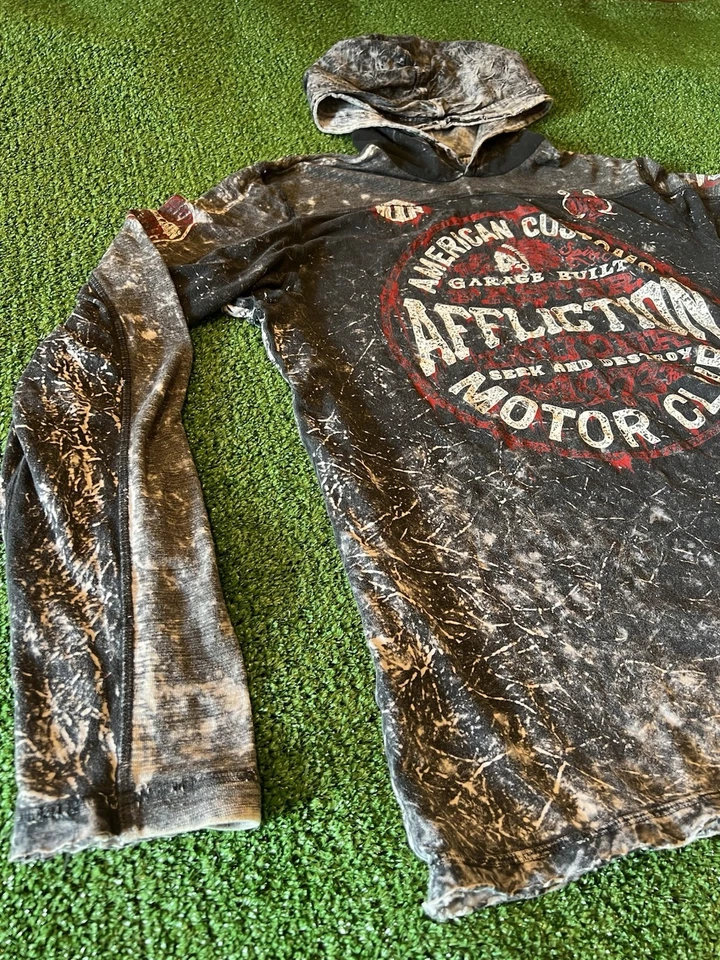 Affliction рубашка мужская маленький белый/серый/черный/синий с капюшоном длинным рукавом (двусторонний) - Изображение 3 из 4