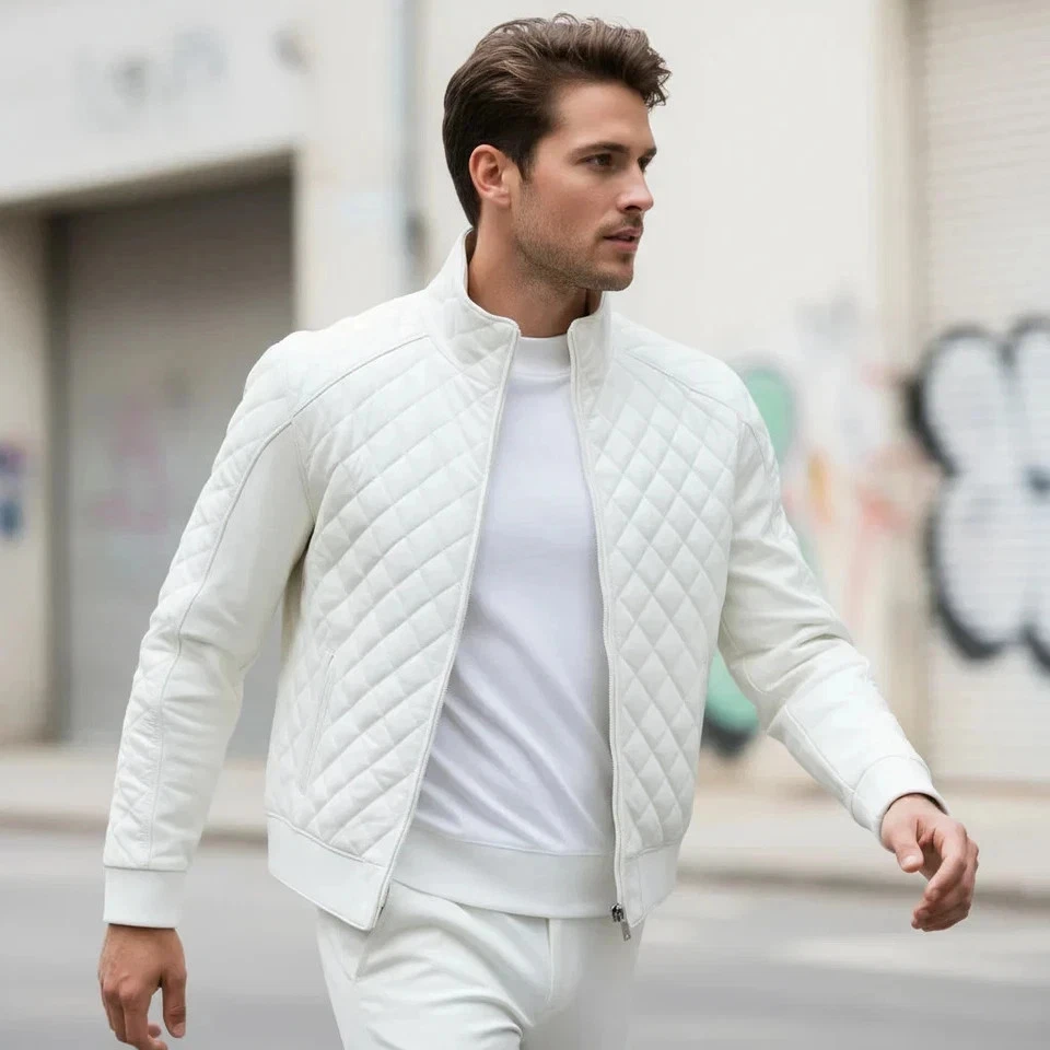 Men's Real Lambskin Leather White Flight Bomber Jacket Quilted Style Biker Coat - Image 4 of 4