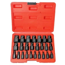 25Pcs Pro Screw Extractor Set -Hex Head Multi-Spline Left Hand Spiral 1/8"-7/8"
