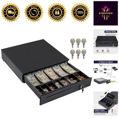 Commercial Quality Cash Drawer with 5 Bill & 7 Coin Slots - Black Metal, 12-24V