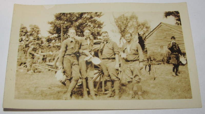 Vintage Photo Military Army Soldiers in Front of Wooden Wagon 2 3/4" x 4 1/2"
