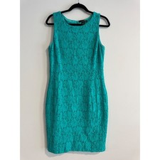 Lauren Ralph Lauren Lace Sheath Dress Women 14 Turquoise Floral Overlay Wedding