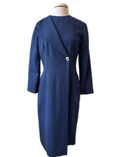 Womens L Single Button Wrapped Drape Collar Blue Dress Business Attendant Career