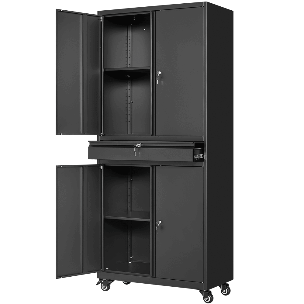 73 Inch Metal Storage Cabinet – Locking Doors, Adjustable Shelves, 2 Drawers, Mobile Wheels, Heavy Duty – Black