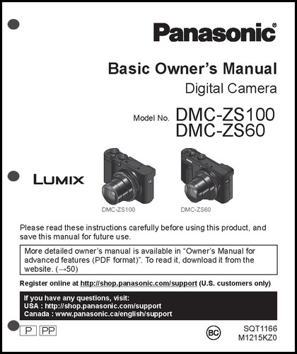 Panasonic DMC-ZS60 ZS100 Basic  Digital Camera User Guide Instruction  Manual