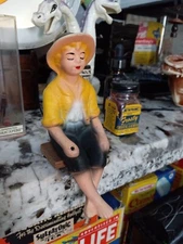 Vintage Old Aquarium Fishbowl Ceramic Bisque Large Japan Fisher Boy and Bench