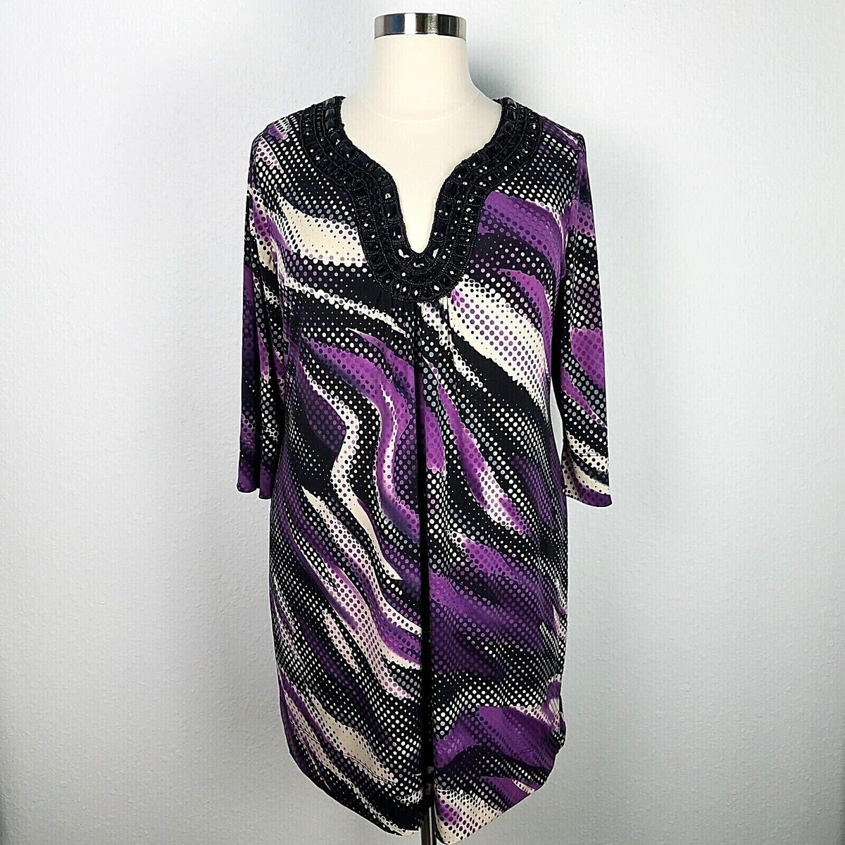 bisou bisou purple dress Bisou Bisou Dress 20W Purple Black Polka Dot Swirl Beaded Retro Party Kaftan