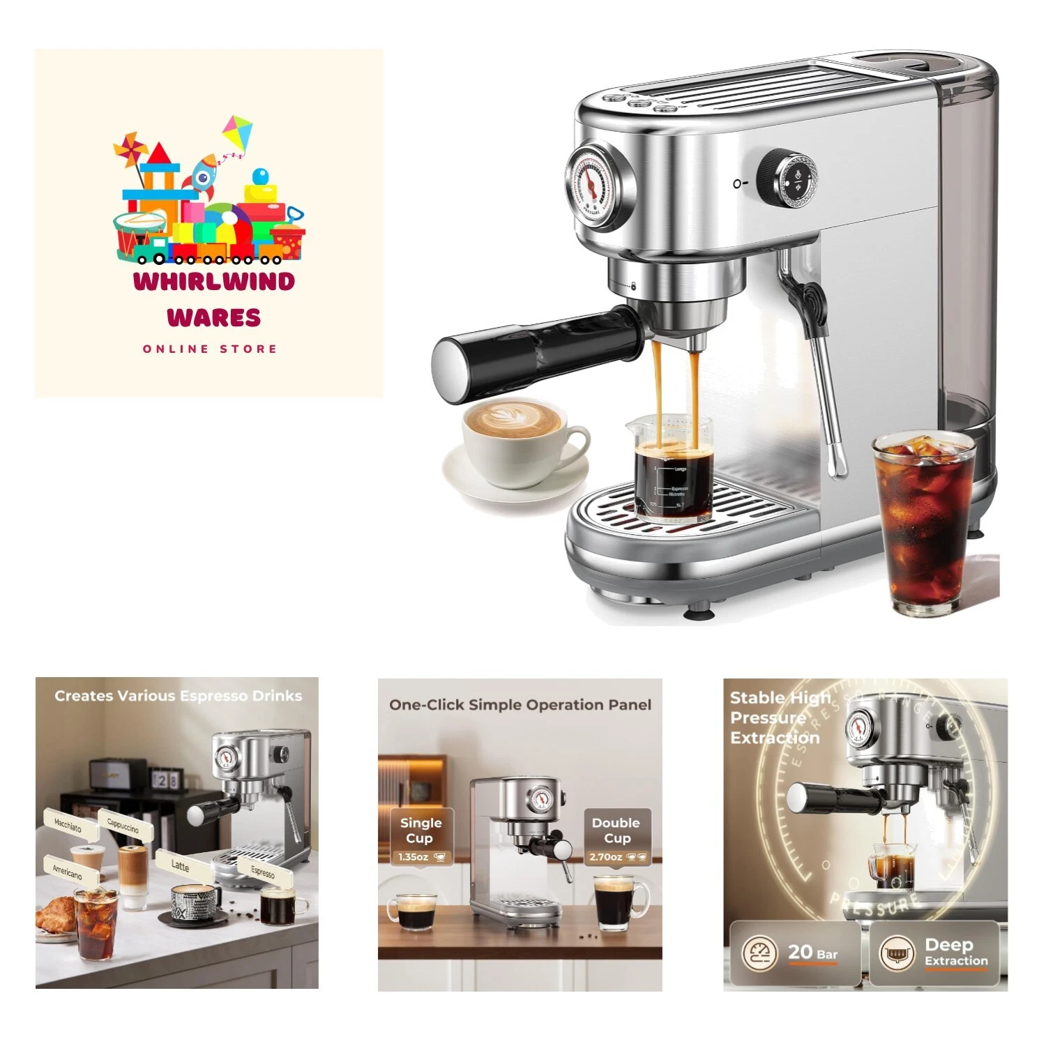 Espresso Machine with Milk Frother, 20 Bar High Pressure Professional Espress...