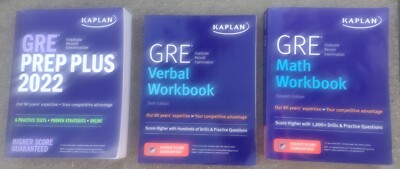 LOT OF 3 Kaplan GRE Books - Math Workbook, Verbal Workbook, Prep Plus 2022