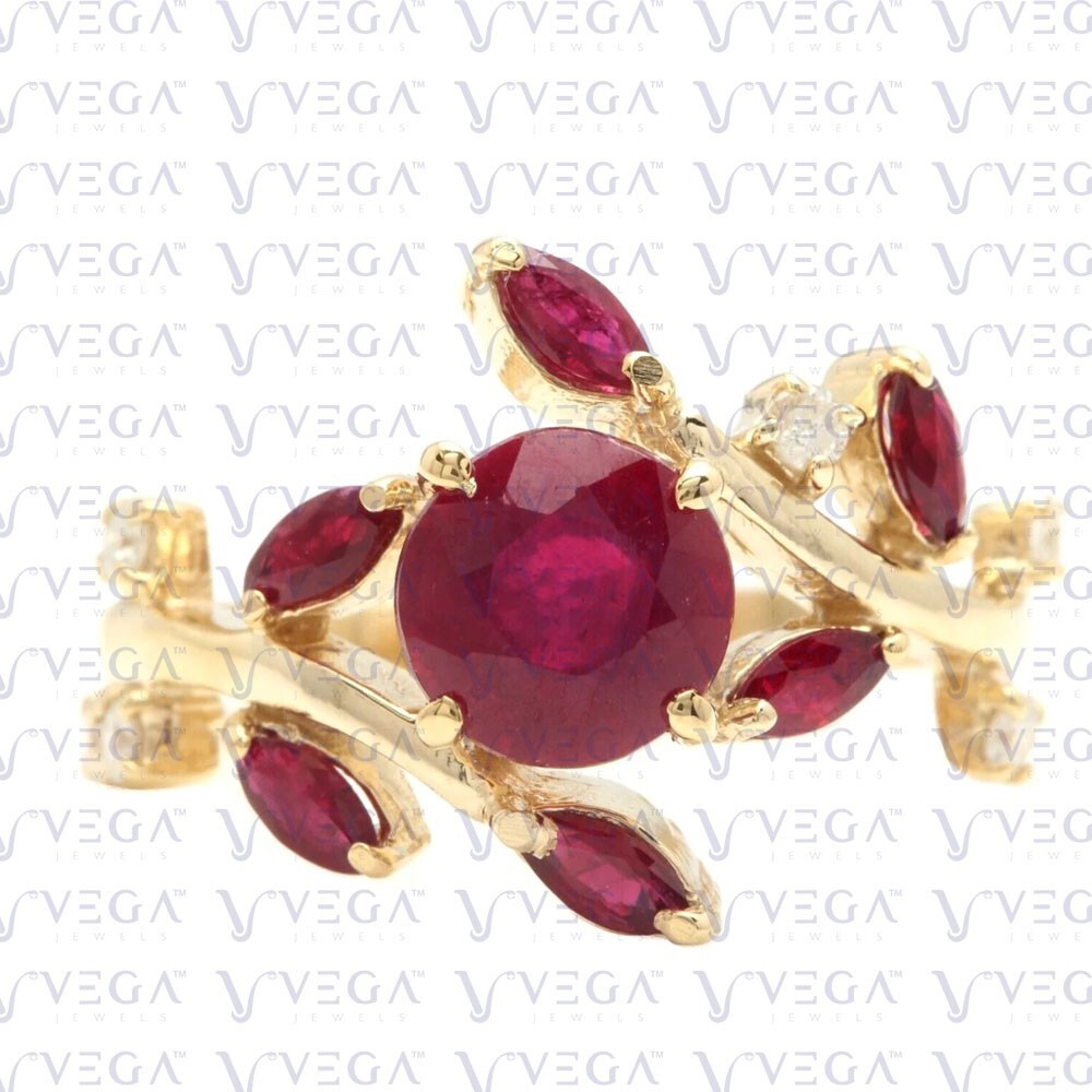4.00Ct Round Cut Natural Ruby &amp; Diamond Ring 100% Real 14k SOLID 