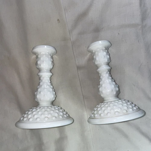 Vintage Fenton Candle Holders Hobnail White Milk Glass Pair Vintage 6" Tall mint