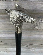Vintage Wolf Head Handle Wooden Inlay Cane Walking Stick Antique Gift