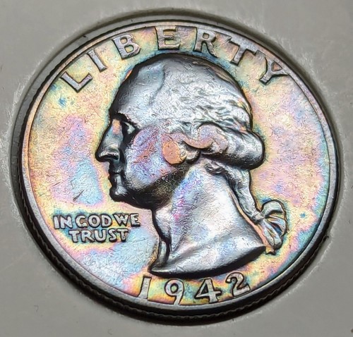 1942 Silver Washington Quarter Rainbow Toning Beautiful All Colors Nice ...
