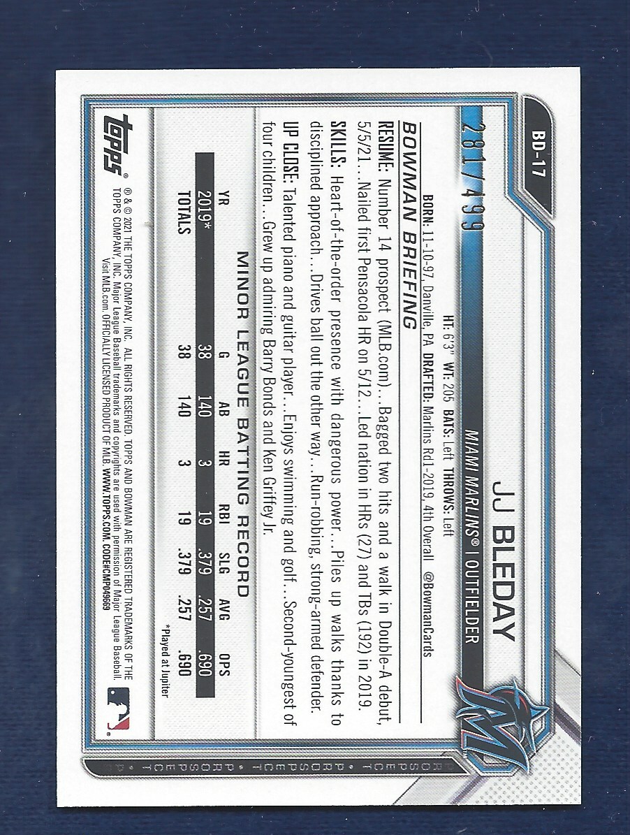 2021 Bowman Draft Paper Sky Blue JJ Bleday Miami Marlins /499 BD