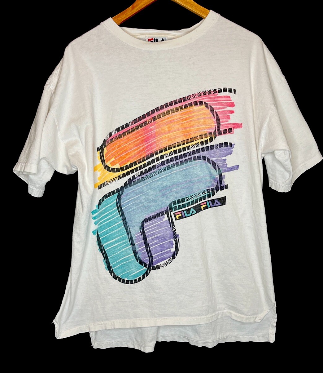 T shirt vintage anni '90 Fila grande grafica doppio lato abbigliamento sportivo retrò taglia XL