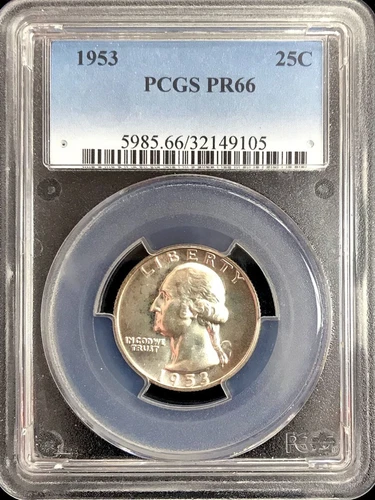 1953 PROOF US SILVER WASHINGTON QUARTER 25C COIN PCGS PROOF 66